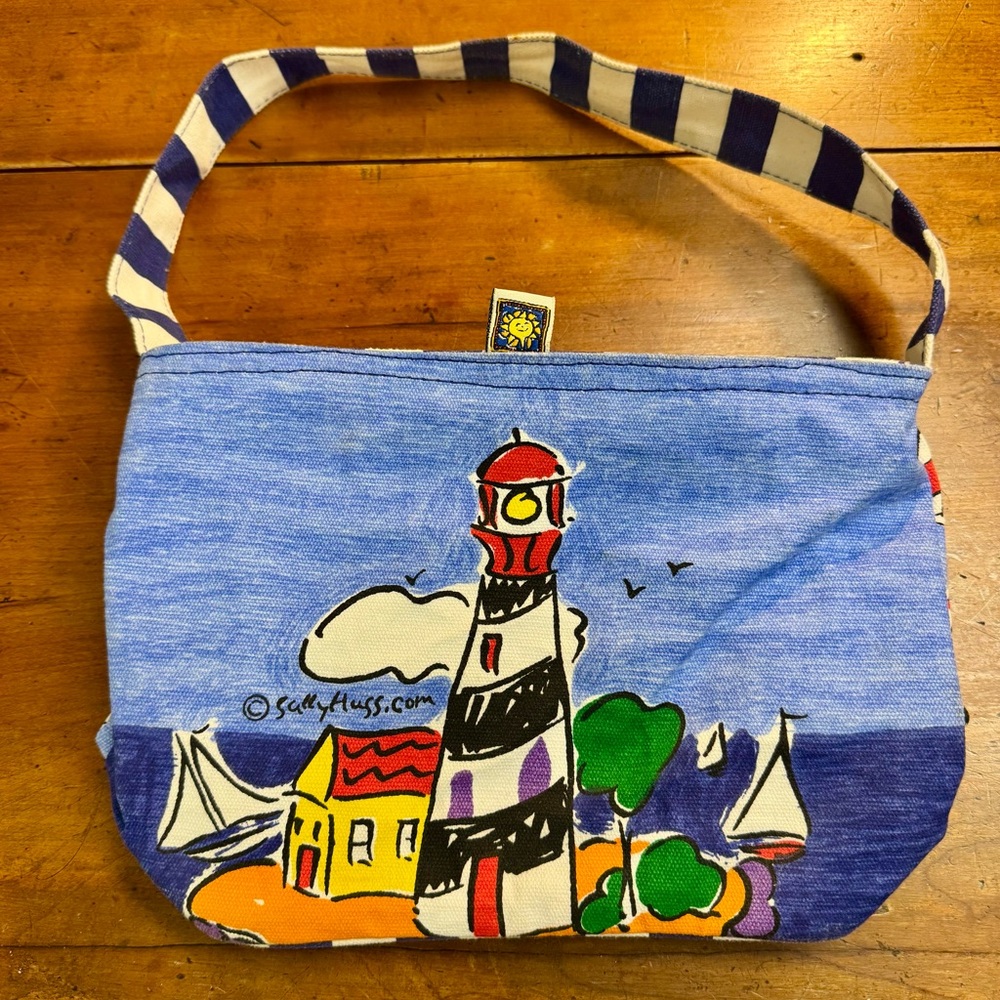 Sally Huss Canvas Nautical themed Purse with Navy and White striped trim